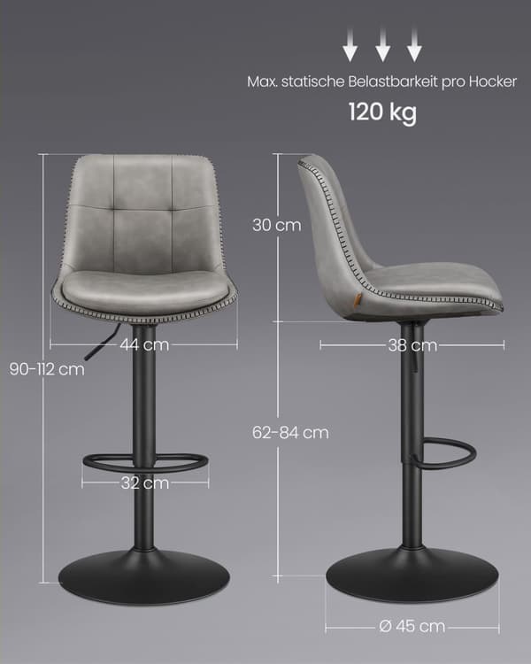 Rootz sæt med 2 barstole med høj ryg - Bordskamler - Forkromet stål - PU-materiale - Komfortabel skumpolstring - 44 cm x 48 cm x 90-112 cm