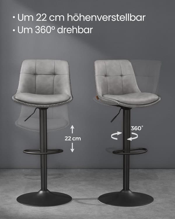 Rootz sæt med 2 barstole med høj ryg - Bordskamler - Forkromet stål - PU-materiale - Komfortabel skumpolstring - 44 cm x 48 cm x 90-112 cm