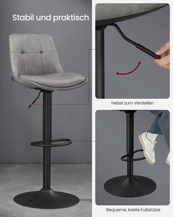 Rootz sæt med 2 barstole med høj ryg - Bordskamler - Forkromet stål - PU-materiale - Komfortabel skumpolstring - 44 cm x 48 cm x 90-112 cm