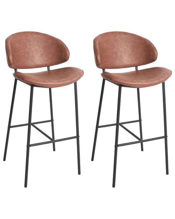 Set om 2 Barstolar Brun Klädsel Konstläder Svarta Metallben Utan Armstöd Böjda Ryggstöd Modern Samtida Design