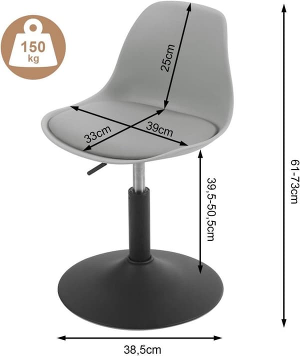 Rootz baarijakkara - Kääntyvä jakkara - Säädettävä korkeus - Pehmeä PU-materiaali - Vakaa teräsrunko - 41cm x 61-73cm x 39cm