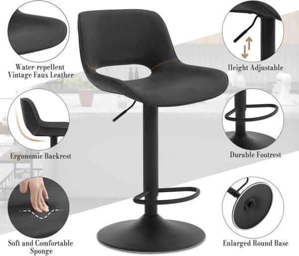 Rootz Barstol i konstläder - Vintage Barstol - Vattentät & Ergonomisk - Justerbar höjd - 48cm x (85-105,5cm) x 49cm