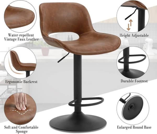 Rootz Barstolsset i konstläder - Bänkpallar - Vintage konstläder - Vattentät - 48cm x (85-105,5cm) x 49cm