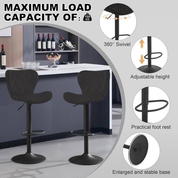 Rootz Velvet Barpall - Snurrstol - Justerbar höjd - 360° roterbar - Ergonomisk design - Mörkgrå/svart - 47cm x (89-109,5cm) x 54cm