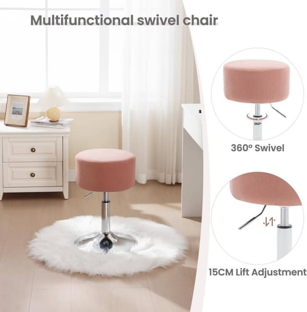 Rootz Swivel Bar Pall - Sminkpall - Justerbar sitshöjd - 360° roterande - Manchester/metall - 33,5 cm x (52-67) cm x 33,5 cm