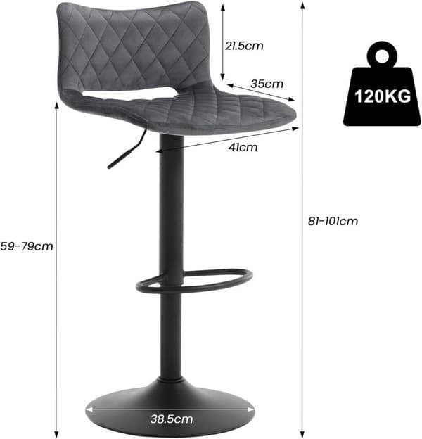 Rootz Velvet -baarijakkara - Kääntyvä työtuoli - Säädettävä korkeus jakkara - Ihoystävällinen istuin - Ergonominen muotoilu - 41 cm x 21,5 cm x 59-79
