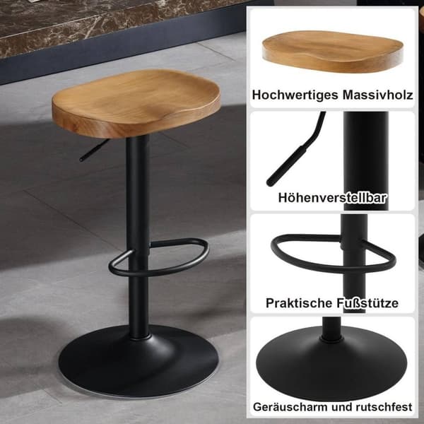 Rootzin puinen baarijakkara - Keittiösaaren jakkara - Kääntyvä istuin - Korkeussäädettävä - Massiivipuinen istuin - Ergonominen jalkatuki - 41,5 cm x