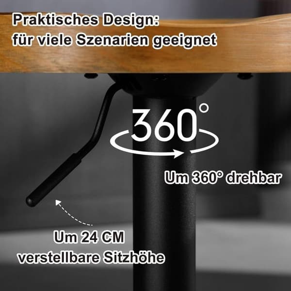 Rootzin puinen baarijakkara - Keittiösaaren jakkara - Kääntyvä istuin - Korkeussäädettävä - Massiivipuinen istuin - Ergonominen jalkatuki - 41,5 cm x