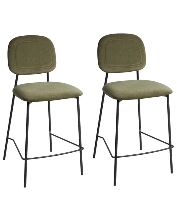Sett med 2 Barstoler Olivengrønn Fløyelspolstring Svart Jernramme Benkehøyde Sete Spisestuemøbler Moderne Design