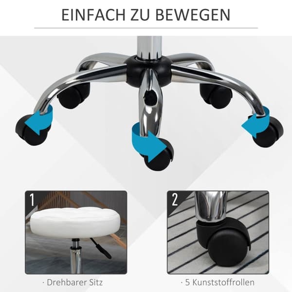 Rootz Swivel Pall - Rullande pall - Höjdjusterbar salongspall - Imiterat läder - Armlös design - Elegant vadderat mönster - 35,5 cm x 51-67 cm