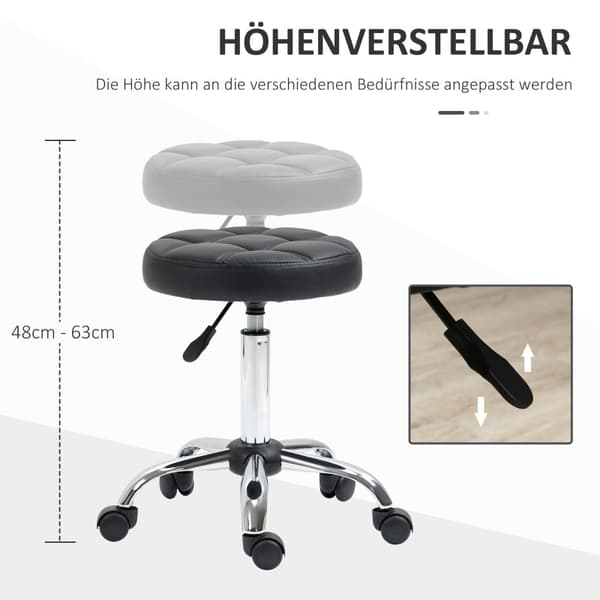 Rootz Salon Pall - Rolling Pall - Justerbar Pall - Imiterat läder - Vridbar pall - 35,5 cm x 51-67 cm - Svart+Silver