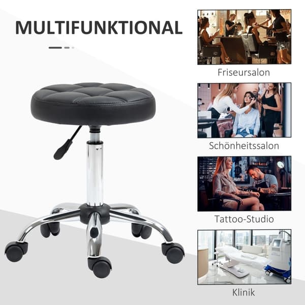 Rootz Salon Pall - Rolling Pall - Justerbar Pall - Imiterat läder - Vridbar pall - 35,5 cm x 51-67 cm - Svart+Silver