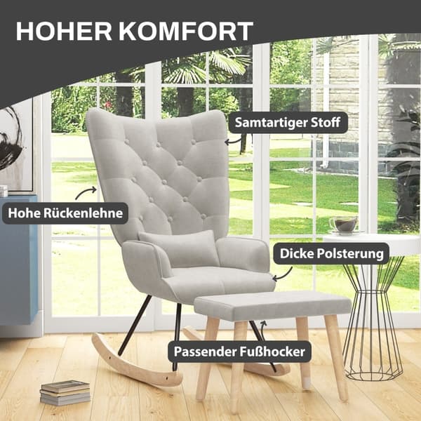 Rootz Loungestol med skammel - Gyngestol - Polstret stol og fodskammel - Fløjlspolstring - Gummitræben - Cremehvid - 66cm x 96cm x 101cm