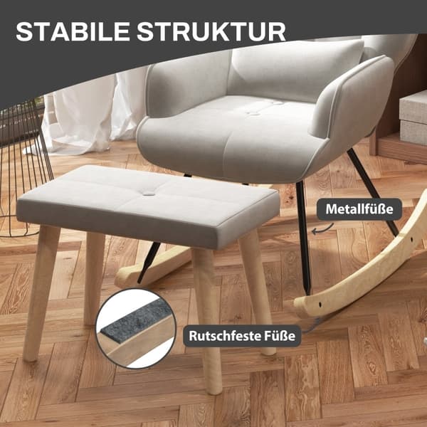 Rootz Loungestol med skammel - Gyngestol - Polstret stol og fodskammel - Fløjlspolstring - Gummitræben - Cremehvid - 66cm x 96cm x 101cm
