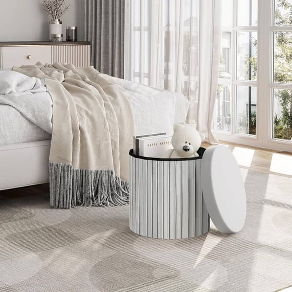 Rootz Round Velvet Storage Pall - Puff Ottoman - Kräm/Grå - Dold förvaring - Mjuk stoppning - 38cm x 36cm - Elegant volangdesign