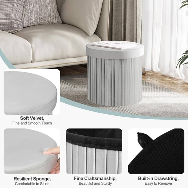 Rootz Round Velvet Storage Pall - Puff Ottoman - Kräm/Grå - Dold förvaring - Mjuk stoppning - 38cm x 36cm - Elegant volangdesign