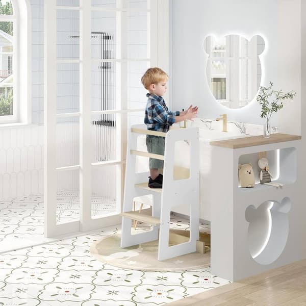 Rootz Kids Learning Tower turvatangoilla - Montessori Kitchen Helper - Valkoinen puu - Taaperoiden jakkara - 59cm x 90cm x 41cm