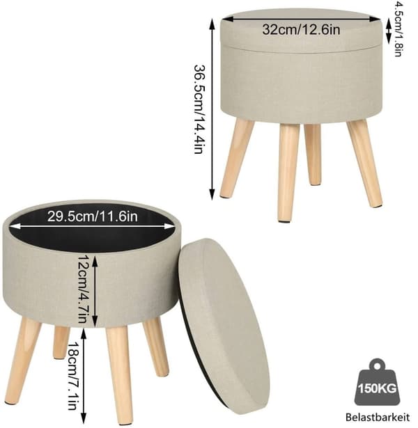 Rootz Rund Opbevaringsskammel - Osmannisk - Opbevaringskiste - Højdensitetsskum - 32 cm x 36 cm - Linned - MDF - Letvægts - Stærk struktur