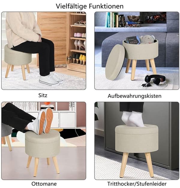 Rootz Rund Opbevaringsskammel - Osmannisk - Opbevaringskiste - Højdensitetsskum - 32 cm x 36 cm - Linned - MDF - Letvægts - Stærk struktur