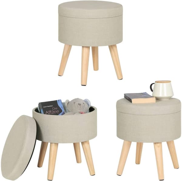 Rootz Rund Opbevaringsskammel - Osmannisk - Opbevaringskiste - Højdensitetsskum - 32 cm x 36 cm - Linned - MDF - Letvægts - Stærk struktur