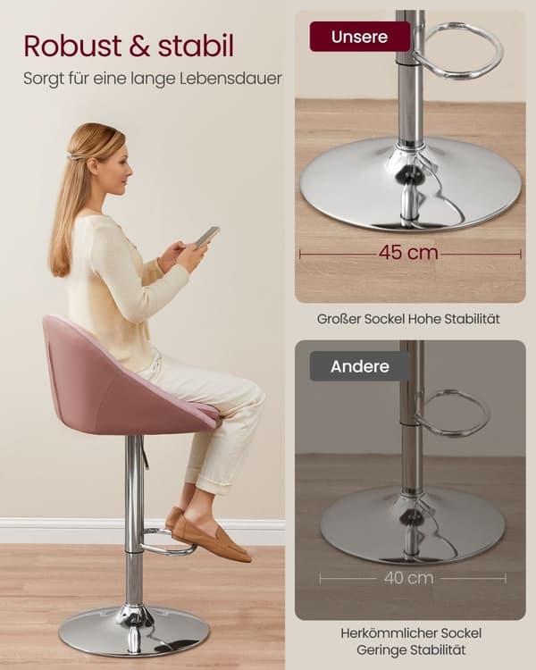 Rootz 2-delade set barstolar - Bänkstolar - Justerbar i höjdled - Sammet - PU-läder - Metallram - Pastellrosa-silvergrå - 52,5 cm x 50 cm x (97,5-108,