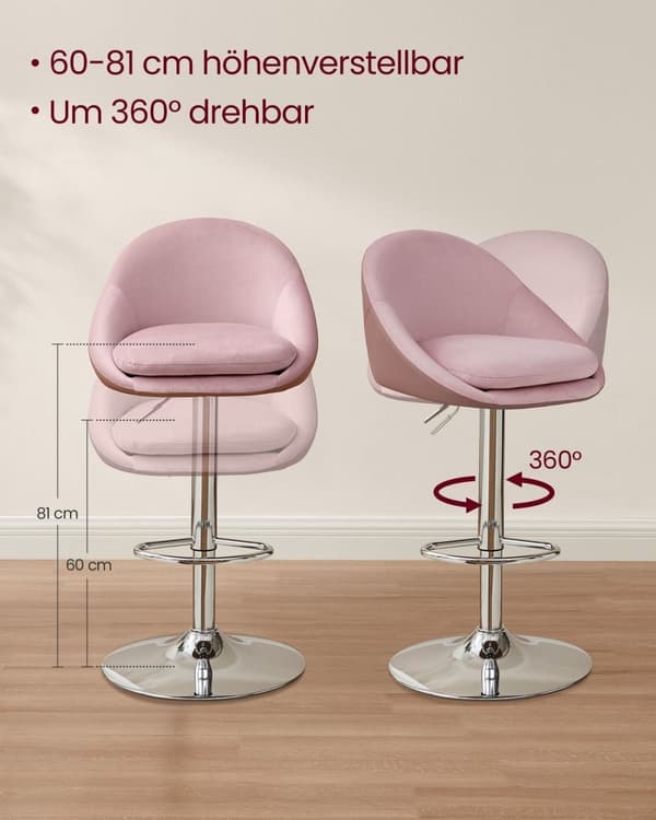 Rootz 2-delade set barstolar - Bänkstolar - Justerbar i höjdled - Sammet - PU-läder - Metallram - Pastellrosa-silvergrå - 52,5 cm x 50 cm x (97,5-108,