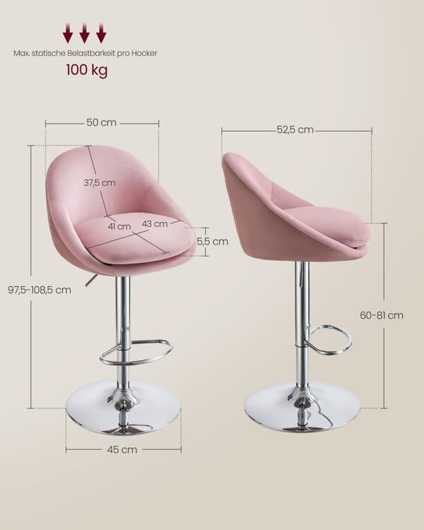 Rootz 2-delade set barstolar - Bänkstolar - Justerbar i höjdled - Sammet - PU-läder - Metallram - Pastellrosa-silvergrå - 52,5 cm x 50 cm x (97,5-108,