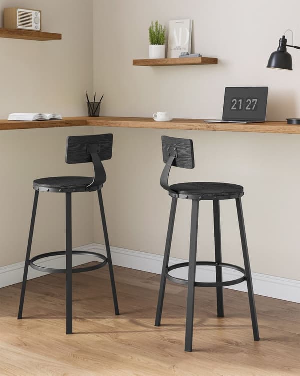 Rootz Industrial Design -baarijakkarasarja 2 kpl - Ebony Black - Lastulevy, Teräs - Tasokorkeus jakkarat - 54cm x 99cm - 37cm Istuin - Korkeus 73cm