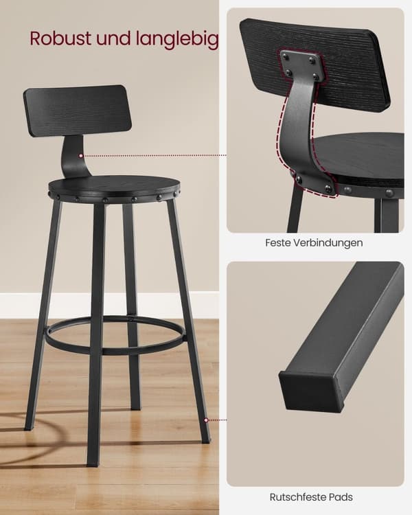 Rootz Industrial Design -baarijakkarasarja 2 kpl - Ebony Black - Lastulevy, Teräs - Tasokorkeus jakkarat - 54cm x 99cm - 37cm Istuin - Korkeus 73cm