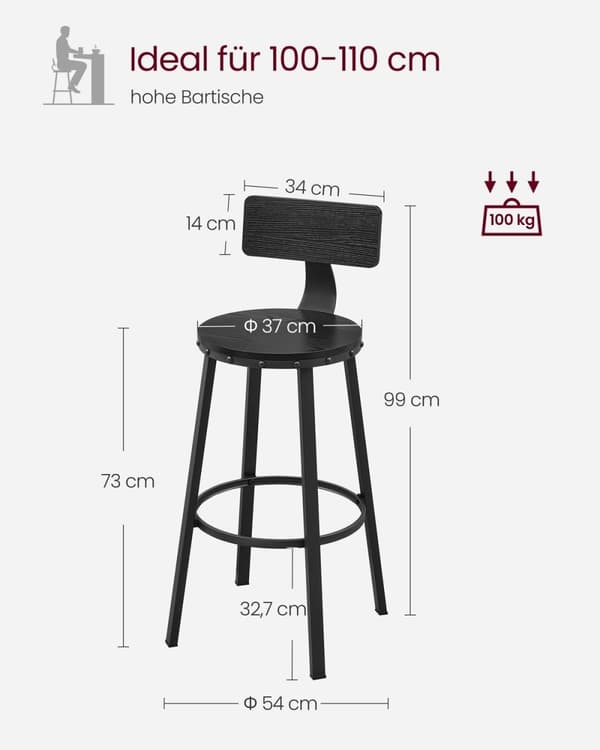 Rootz Industrial Design -baarijakkarasarja 2 kpl - Ebony Black - Lastulevy, Teräs - Tasokorkeus jakkarat - 54cm x 99cm - 37cm Istuin - Korkeus 73cm