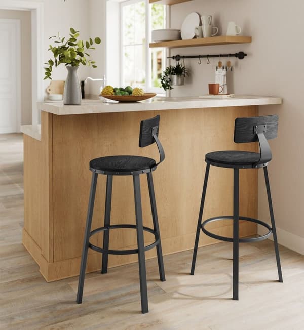 Rootz Industrial Design -baarijakkarasarja 2 kpl - Ebony Black - Lastulevy, Teräs - Tasokorkeus jakkarat - 54cm x 99cm - 37cm Istuin - Korkeus 73cm