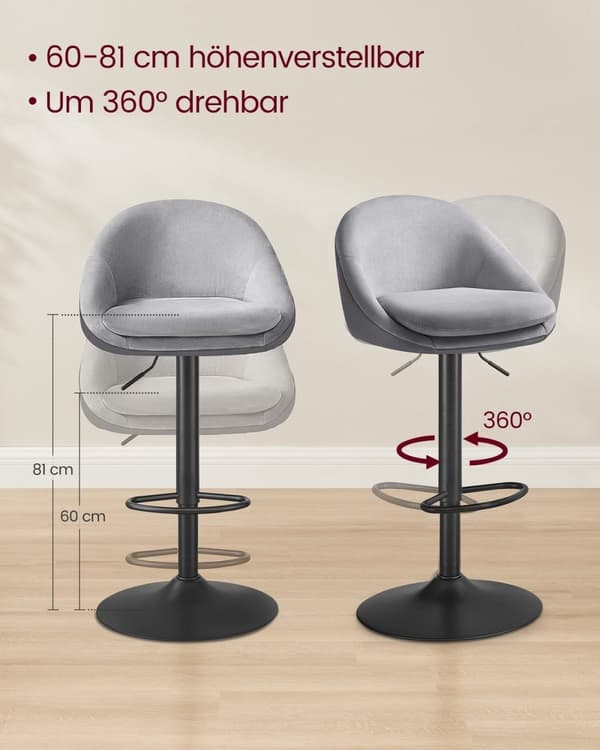 Rootz sæt med 2 højdejusterbare barstole - Dove Grey & Ink Black - Velvet & PU-læder - Metalramme - 52,5 cm x 50 cm x (97,5-108,5) cm