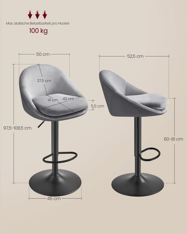 Rootz sæt med 2 højdejusterbare barstole - Dove Grey & Ink Black - Velvet & PU-læder - Metalramme - 52,5 cm x 50 cm x (97,5-108,5) cm