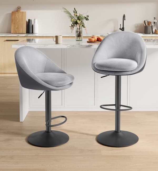 Rootz sæt med 2 højdejusterbare barstole - Dove Grey & Ink Black - Velvet & PU-læder - Metalramme - 52,5 cm x 50 cm x (97,5-108,5) cm