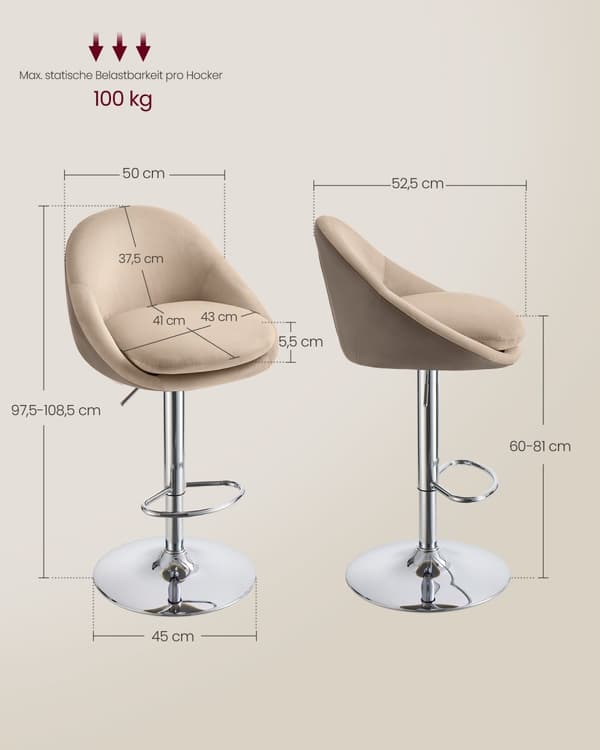 Barstol - Uppsättning av 2 - höjdjusterbar - Camelbruin & Silver Grey