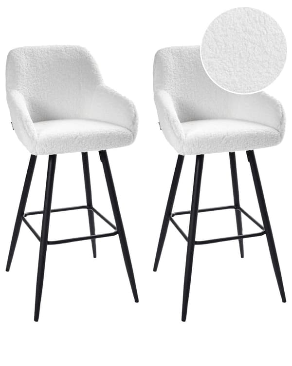 Sett med 2 Barkrakker Off-White Boucle Teddy Stoff Polstret med Armer Ryggstøtte Svarte Metallben