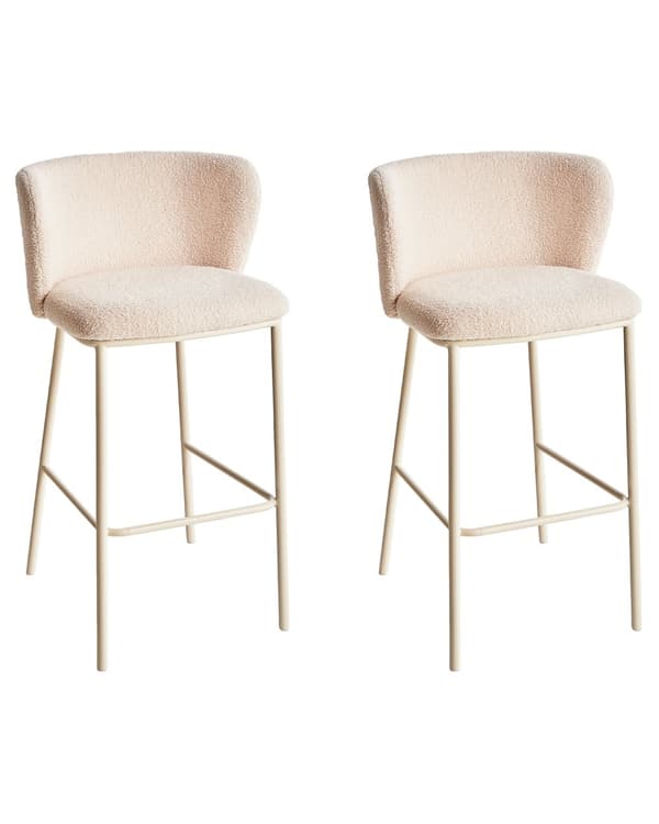 Sæt med 2 barstole Beige Boucle-betræk Sorte metalben Armløse skamler Buet ryglæn Moderne spisestue Køkken
