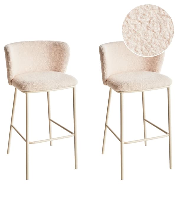 Sæt med 2 barstole Beige Boucle-betræk Sorte metalben Armløse skamler Buet ryglæn Moderne spisestue Køkken