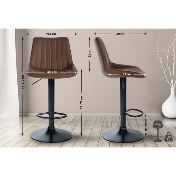 Barstol Toni i konstläder, metallegering, justerbar höjd, svängbar, brun-svart