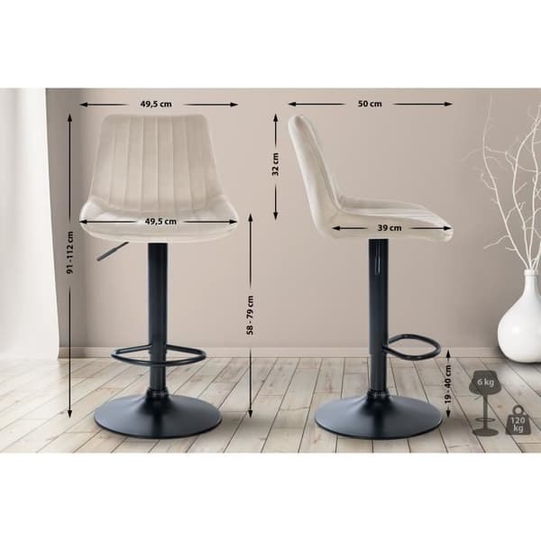 Toni Velvet Barpall Metal Base Justerbar Höjdsvirvel, Cream-Black