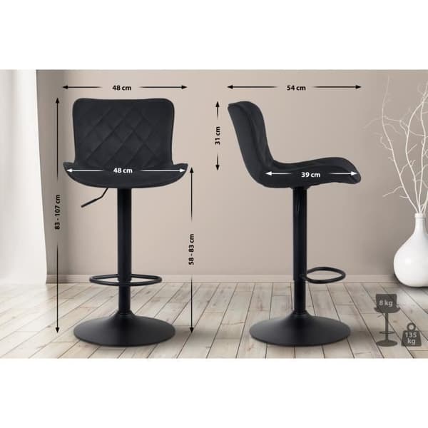 Set med 2 Barstolar Emma med Metallunderrede, Justerbar Höjd och Svängbar, Svart -Velour