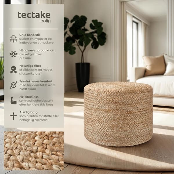 Håndlavet puf Banno cylinder af jute rund, boho-stil - beige