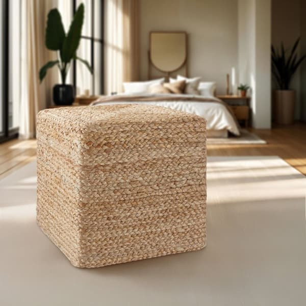 Håndlavet puf Banno Cube i jute, firkantet, boho-stil - beige