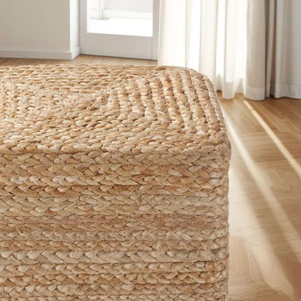 Håndlavet puf Banno Cube i jute, firkantet, boho-stil - beige