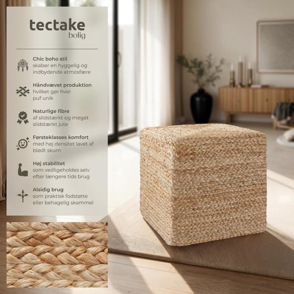 Håndlavet puf Banno Cube i jute, firkantet, boho-stil - beige