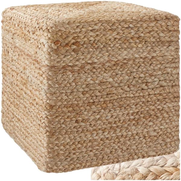 Håndlavet puf Banno Cube i jute, firkantet, boho-stil - beige
