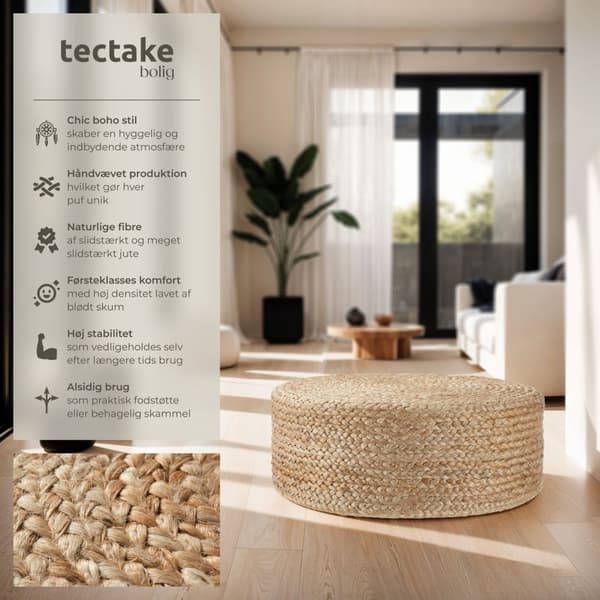 Håndlavet puf Banno elipse i jute, rund, boho-stil - beige