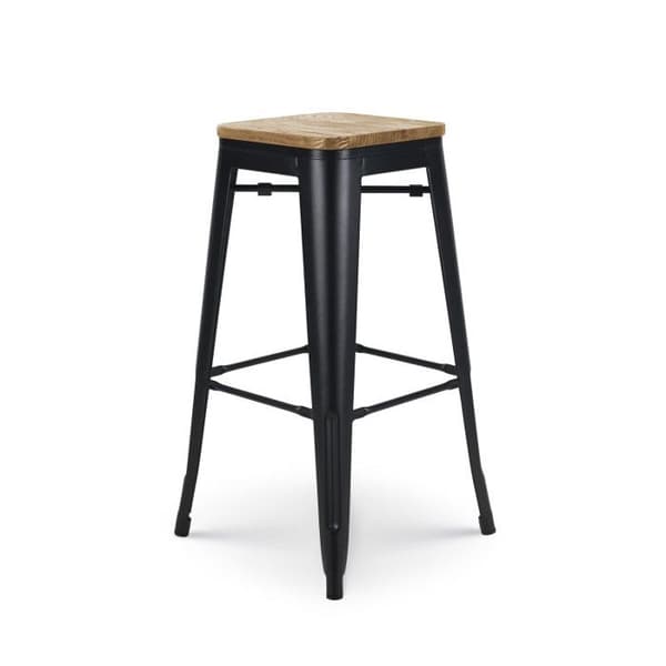 Svart matt metallbarstol i industriell stil med ljust träsäte - Höjd 76 cm