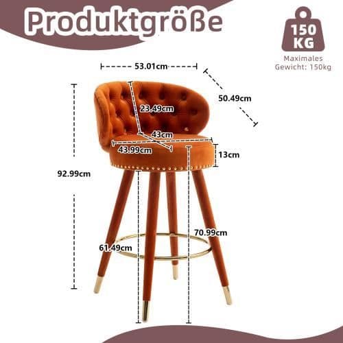 Barstol - Noname - 360° - Orange sammet - Set med 2 - Ben i massivt trä
