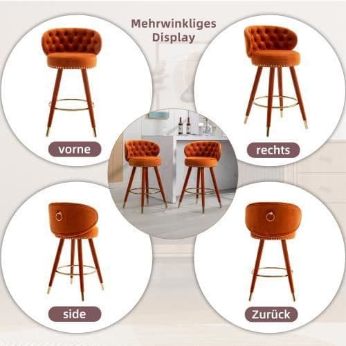 Barstol - Noname - 360° - Orange sammet - Set med 2 - Ben i massivt trä